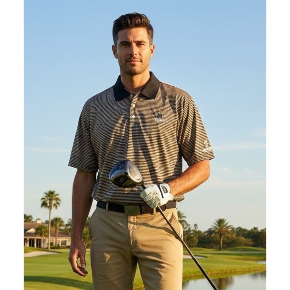 ST. ANDREWS of Scotland Polo Shirt Men's L Striped Golf Embroidered Logo‎ Brown